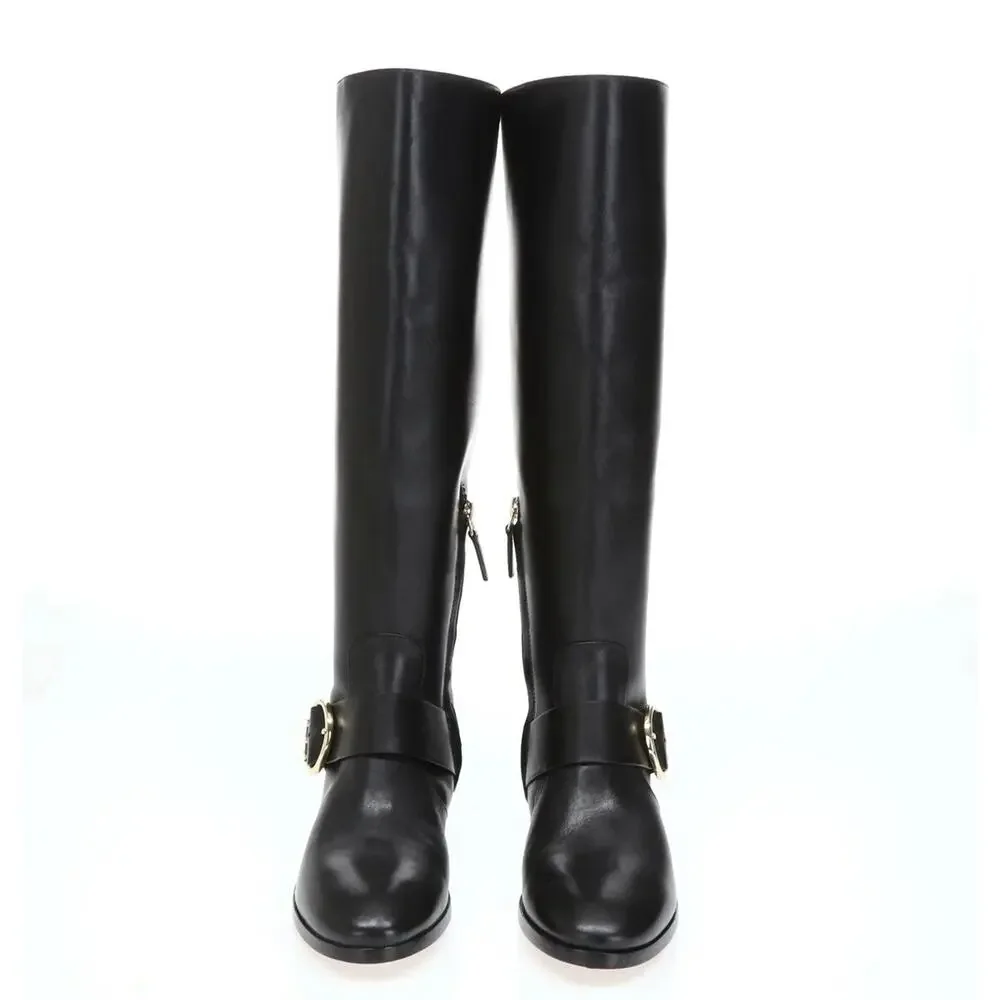 Tory Burch Sophia Black Leather Tall Riding Side Zip Boots 7M Gold Accents Logo